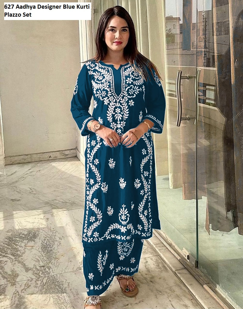 627Blue Aadhya Designer Kurti Plazzo Set