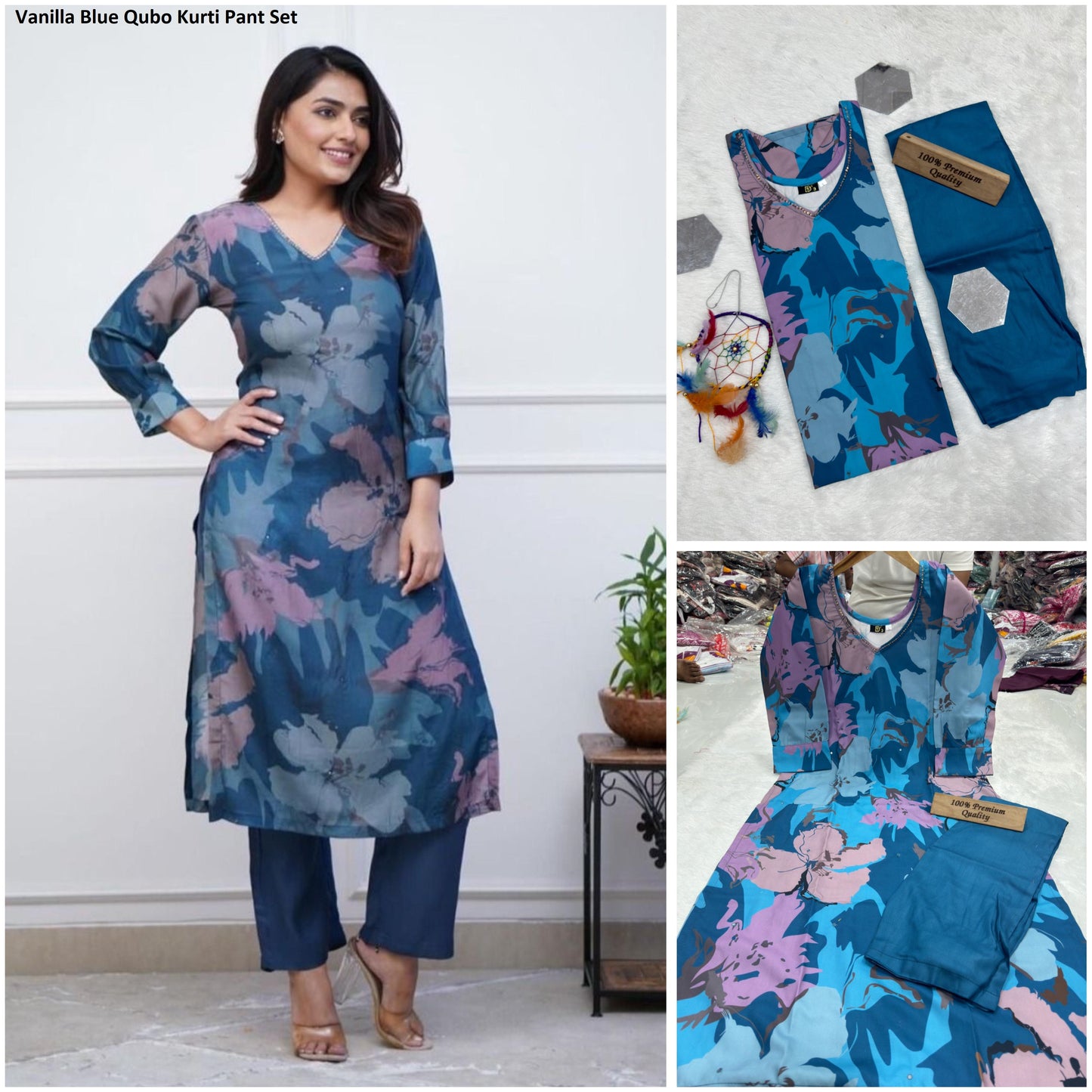 Vanilla Blue Qubo Kurti Pant Set