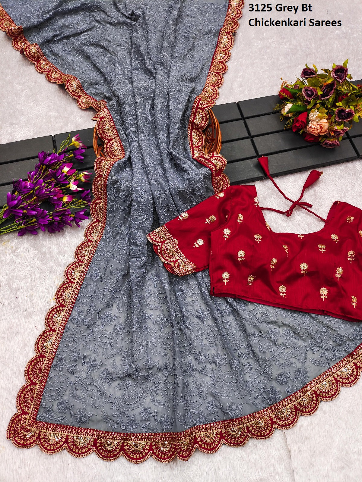 3125 Grey Bt Chickenkari Sarees