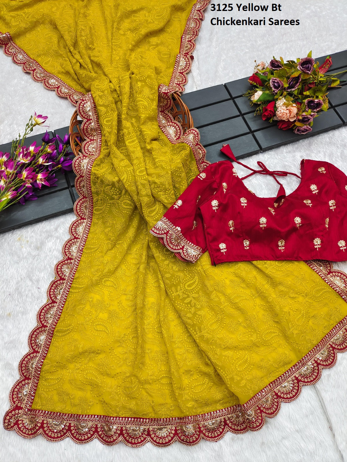 3125 Yellow Bt Chickenkari Sarees
