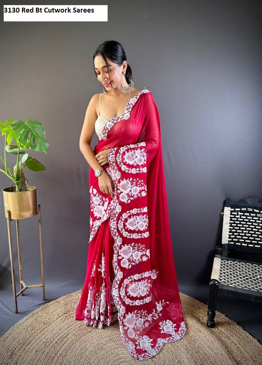 3130 Red Bt Cutwork Sarees