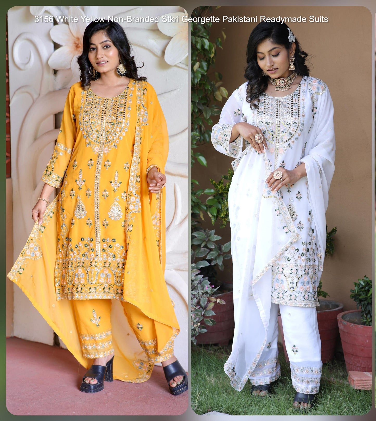 3156 White Yellow Non-Branded Stkri Georgette Pakistani Readymade Suits
