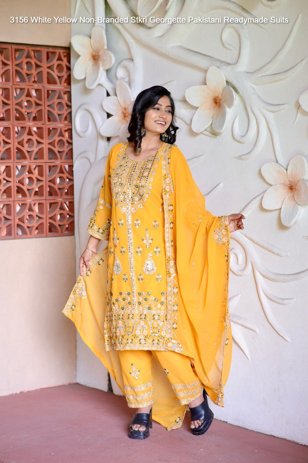 3156 White Yellow Non-Branded Stkri Georgette Pakistani Readymade Suits