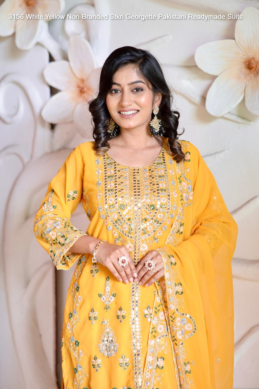 3156 White Yellow Non-Branded Stkri Georgette Pakistani Readymade Suits