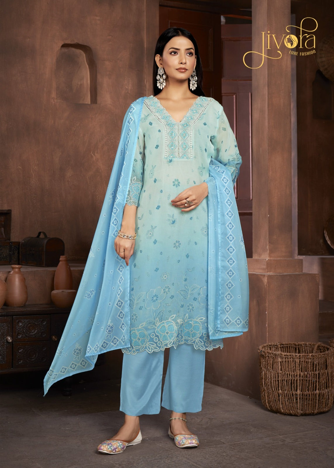 3201 Ice Blue Jivora Pure Organza Readymade Suits