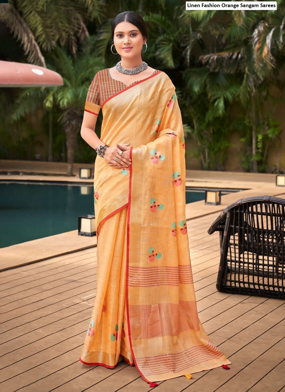 Linen Fashion Orange Sangam Sarees
