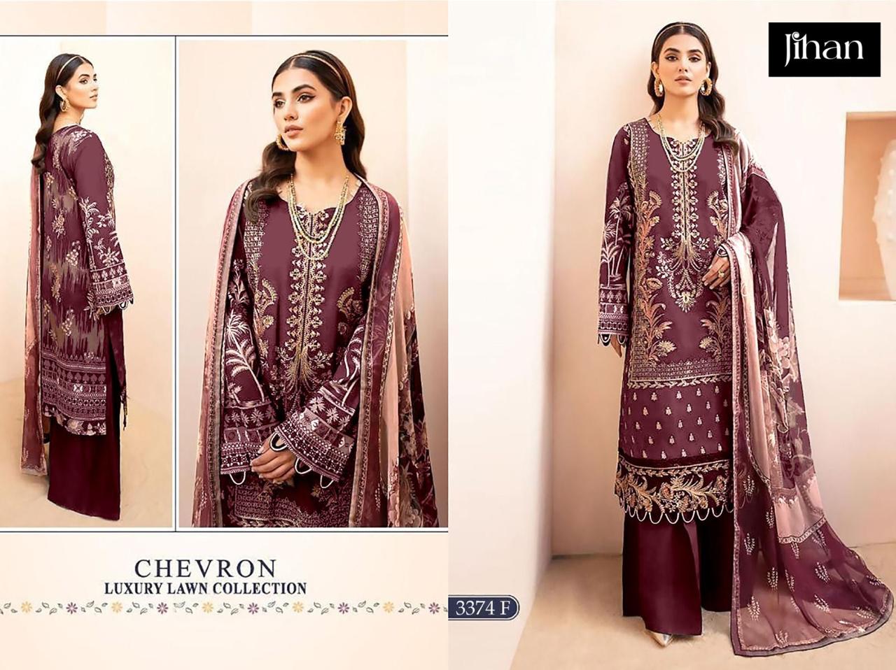 3374-F Chevron Luxury Lawn Collection Jihan Embroidery Pakistani Patch Suits