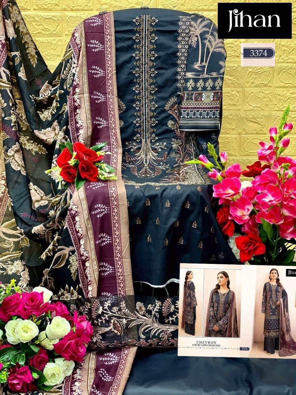 3374 Chevron Luxury Lawn Collection Jihan Embroidery Pakistani Patch Suits