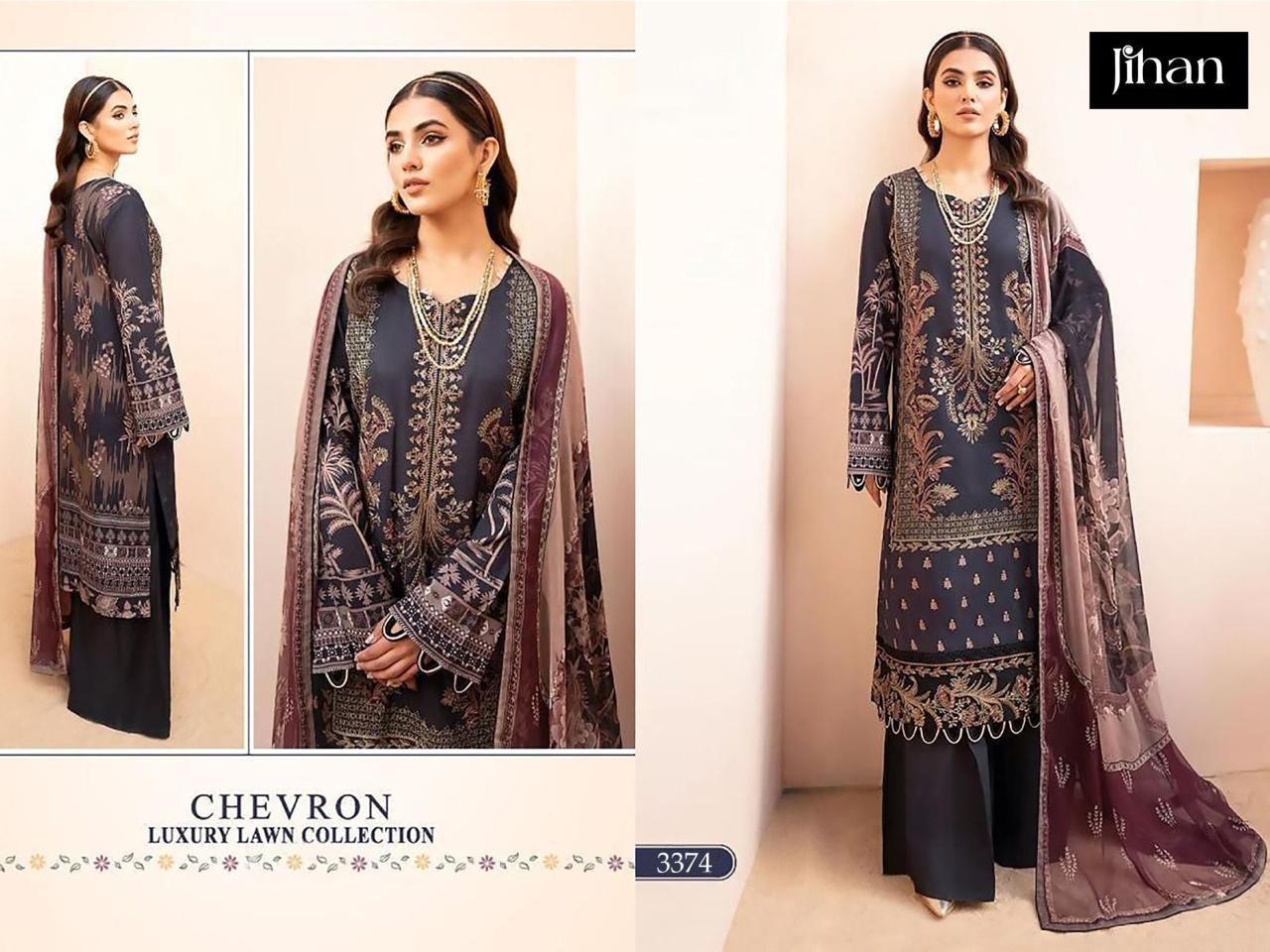 3374 Chevron Luxury Lawn Collection Jihan Embroidery Pakistani Patch Suits