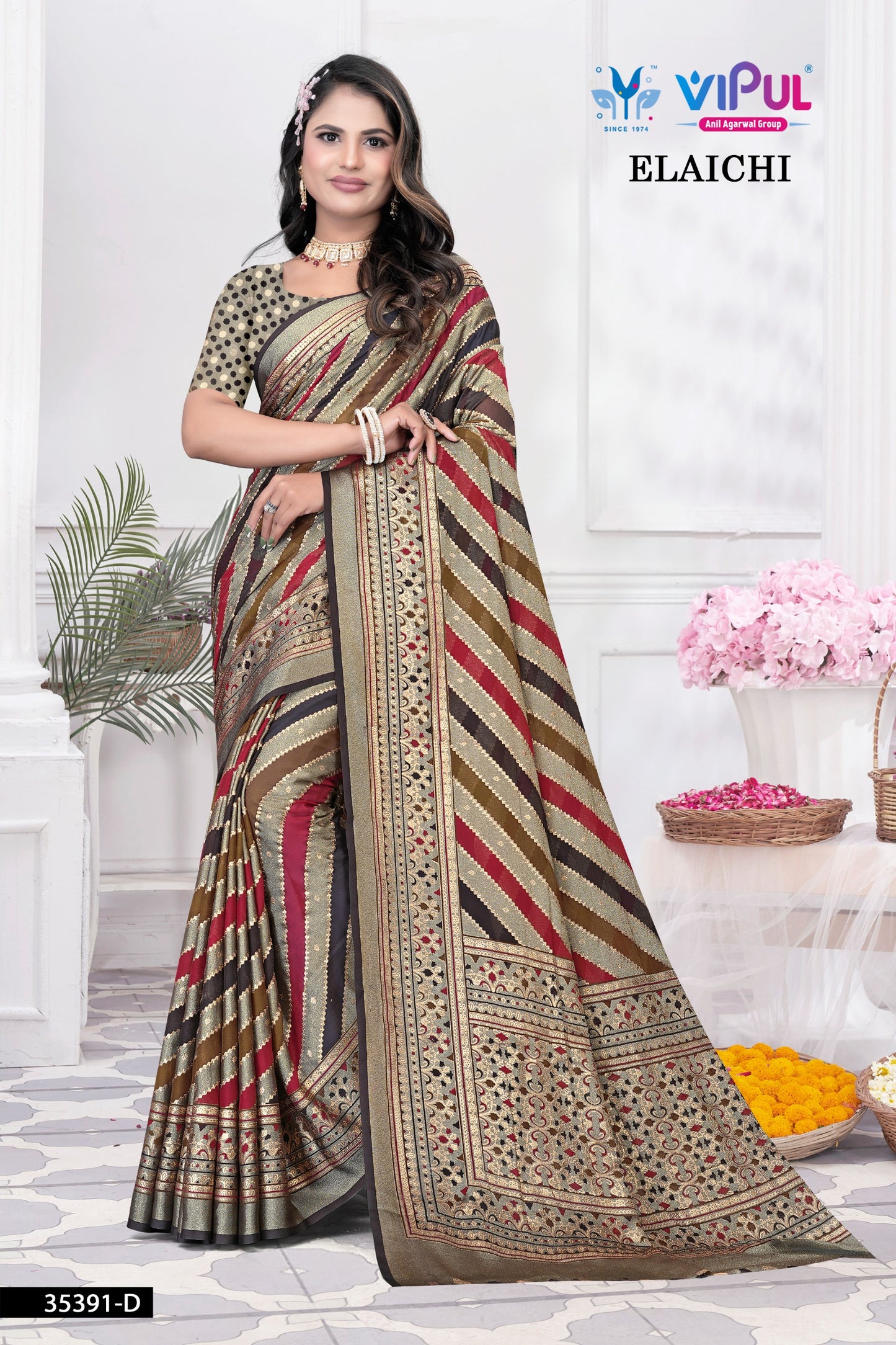 35391-D Brown Elaichi Vipul Brasso Sarees