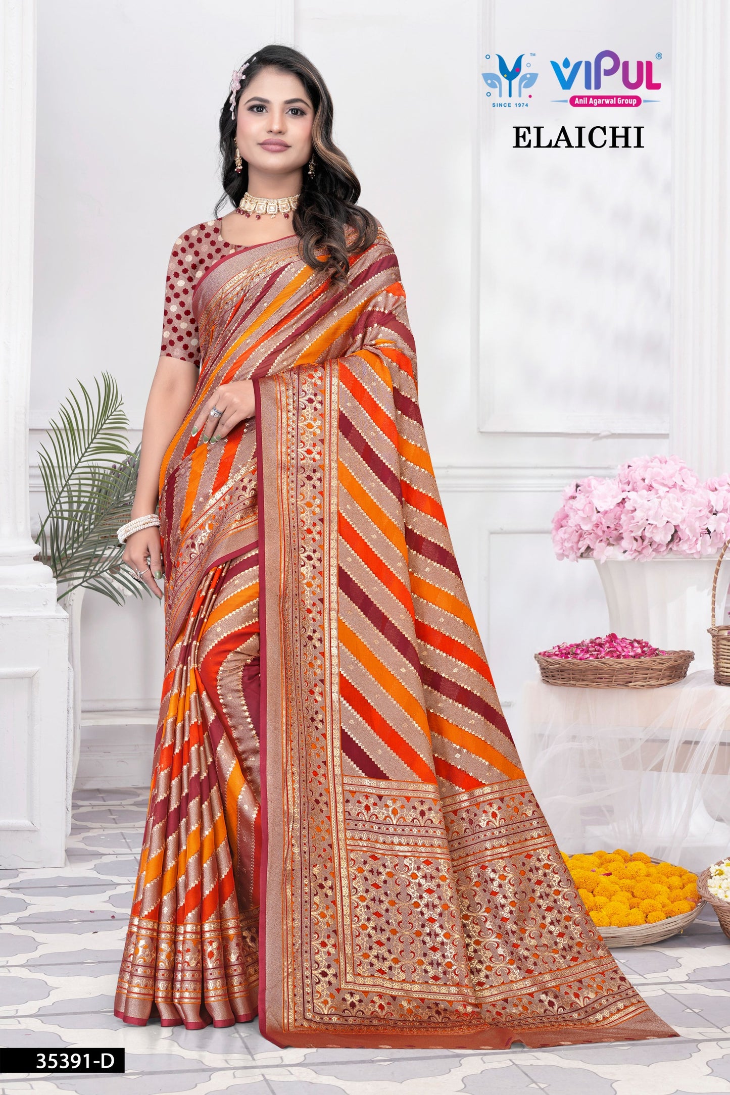 35391-D Orange Elaichi Vipul Brasso Sarees