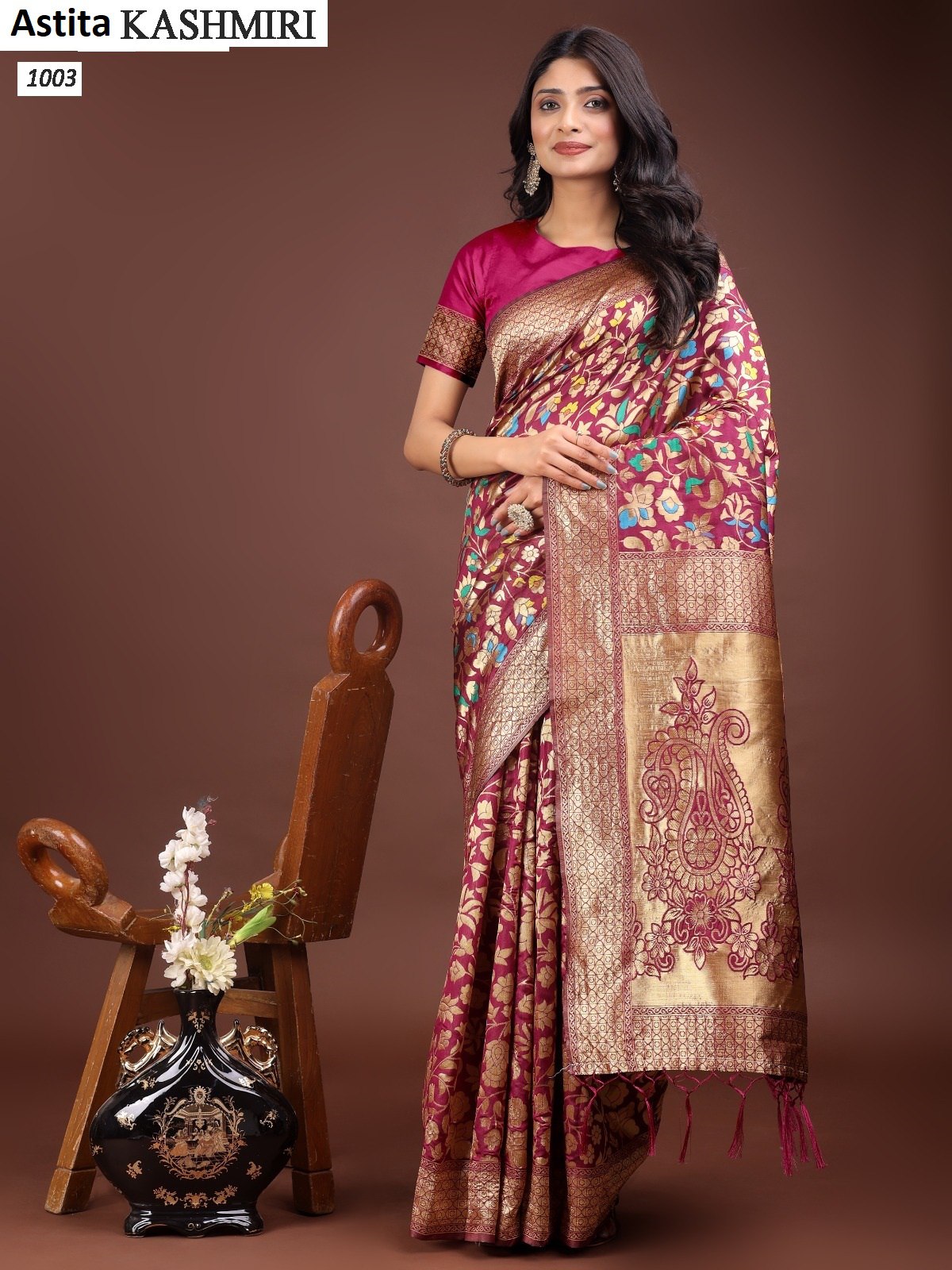 1003 Kashmiri Astita Lichi Silk Sarees