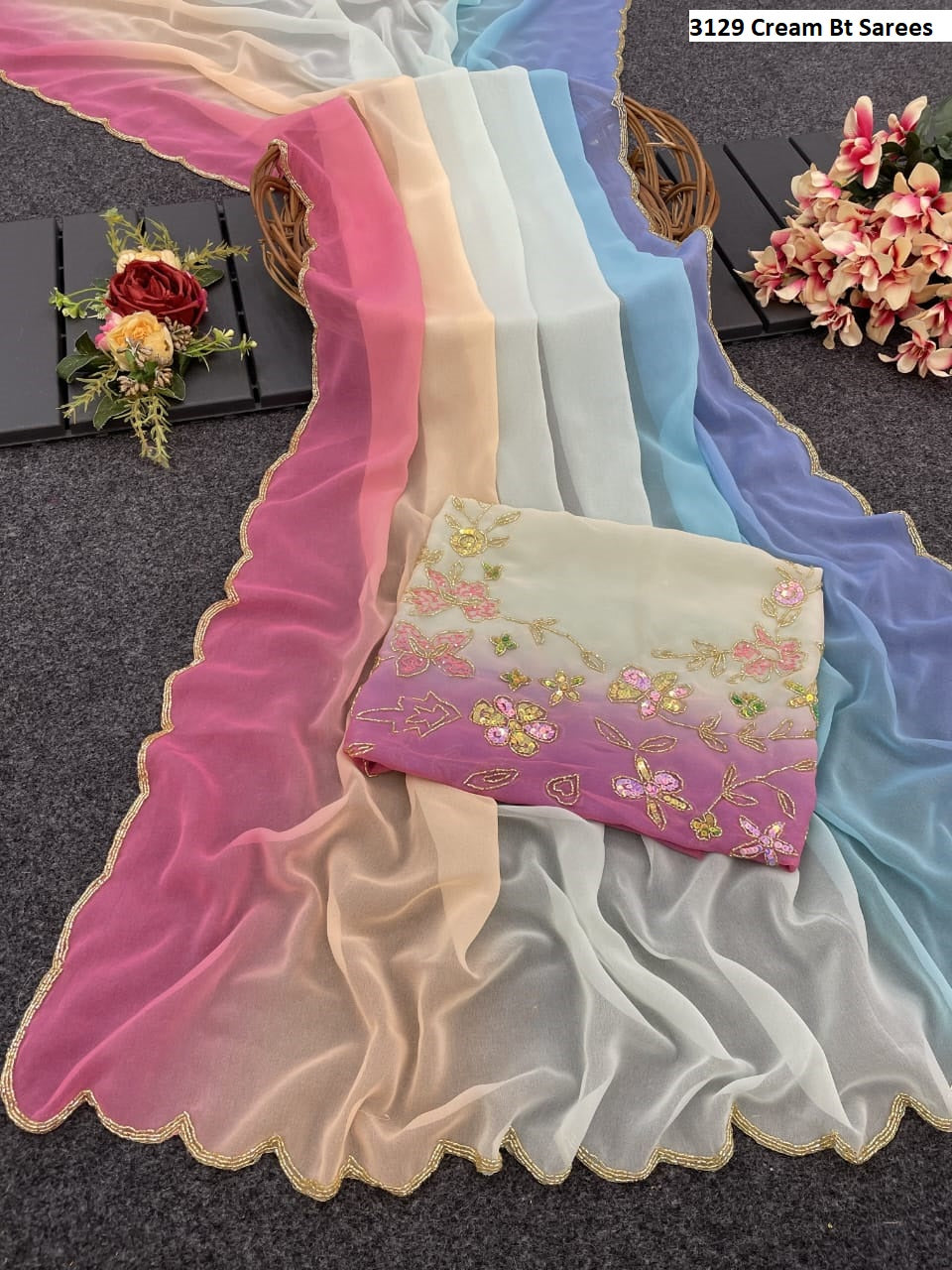 3129 Cream Bt Sarees