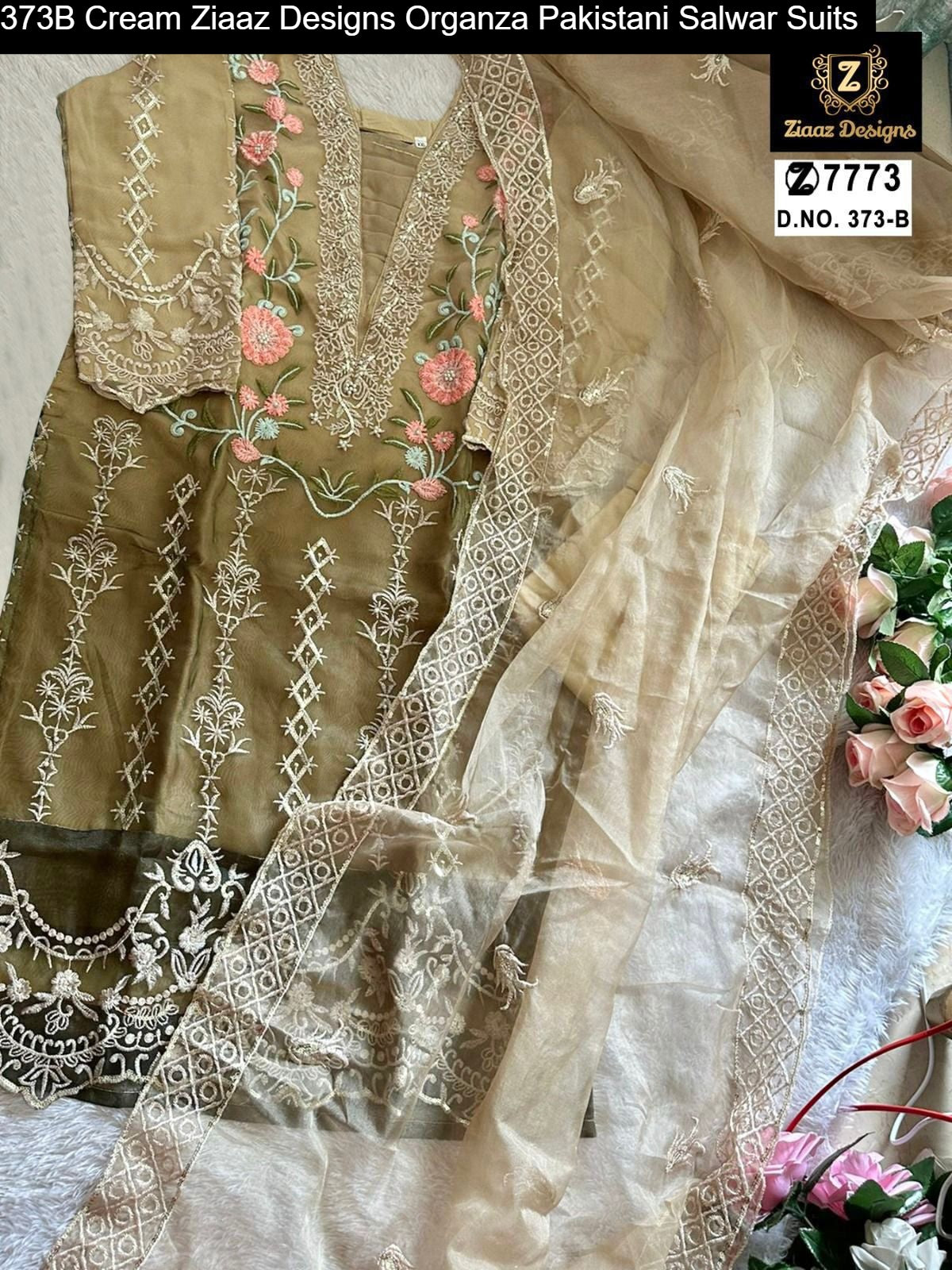 373B Cream Ziaaz Designs Organza Pakistani Salwar Suits