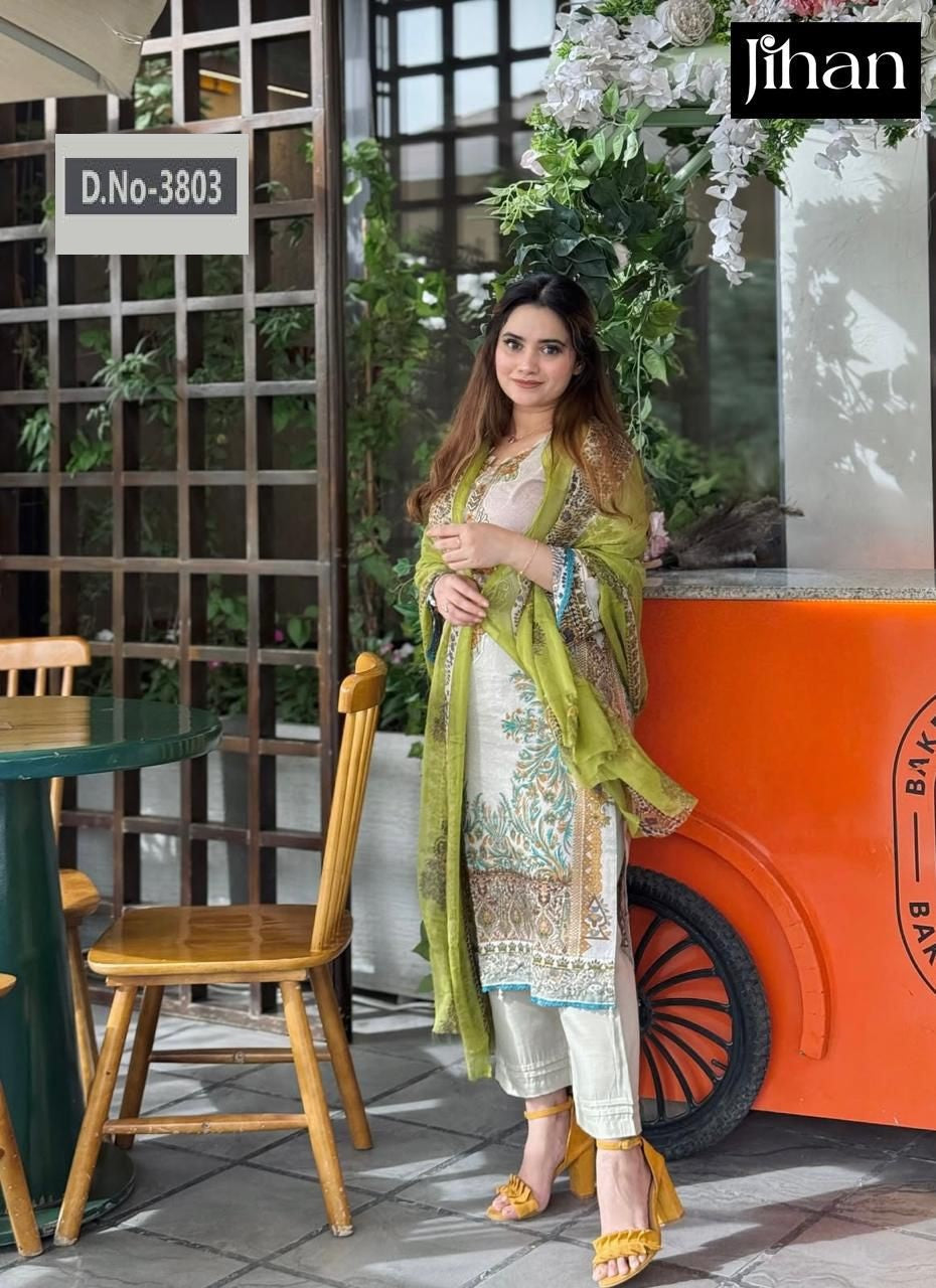 3803 White Jihan Embroidery Pakistani Patch Suits