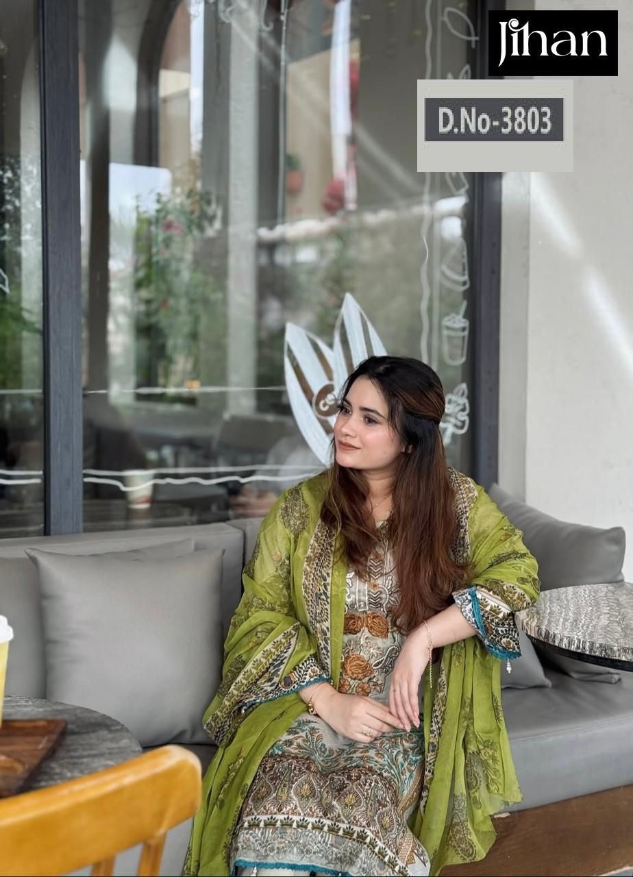 3803 White Jihan Embroidery Pakistani Patch Suits