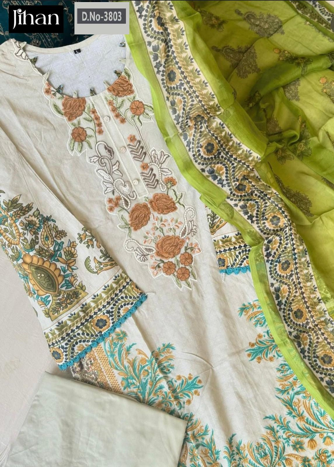 3803 White Jihan Embroidery Pakistani Patch Suits