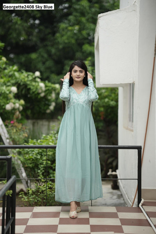 Georgette2408 Sky Blue Rangeela Fabs One Piece Gown