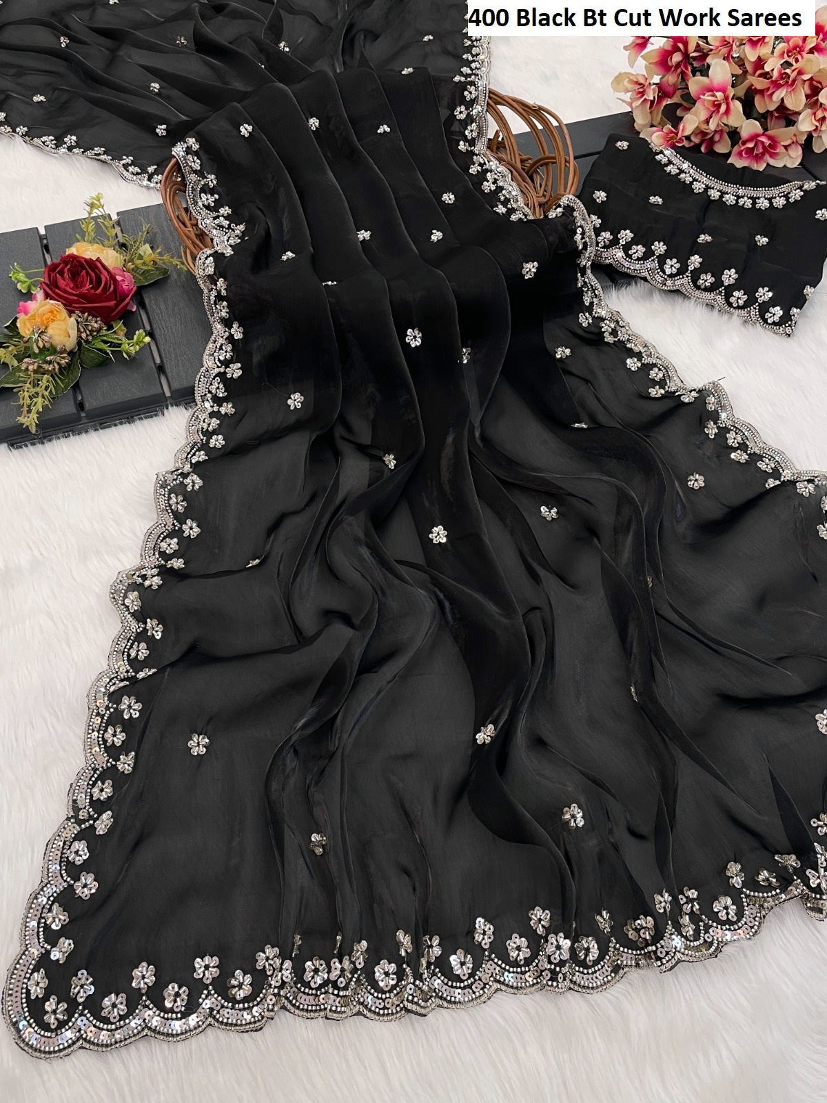 400 Black Bt Cut Work Sarees