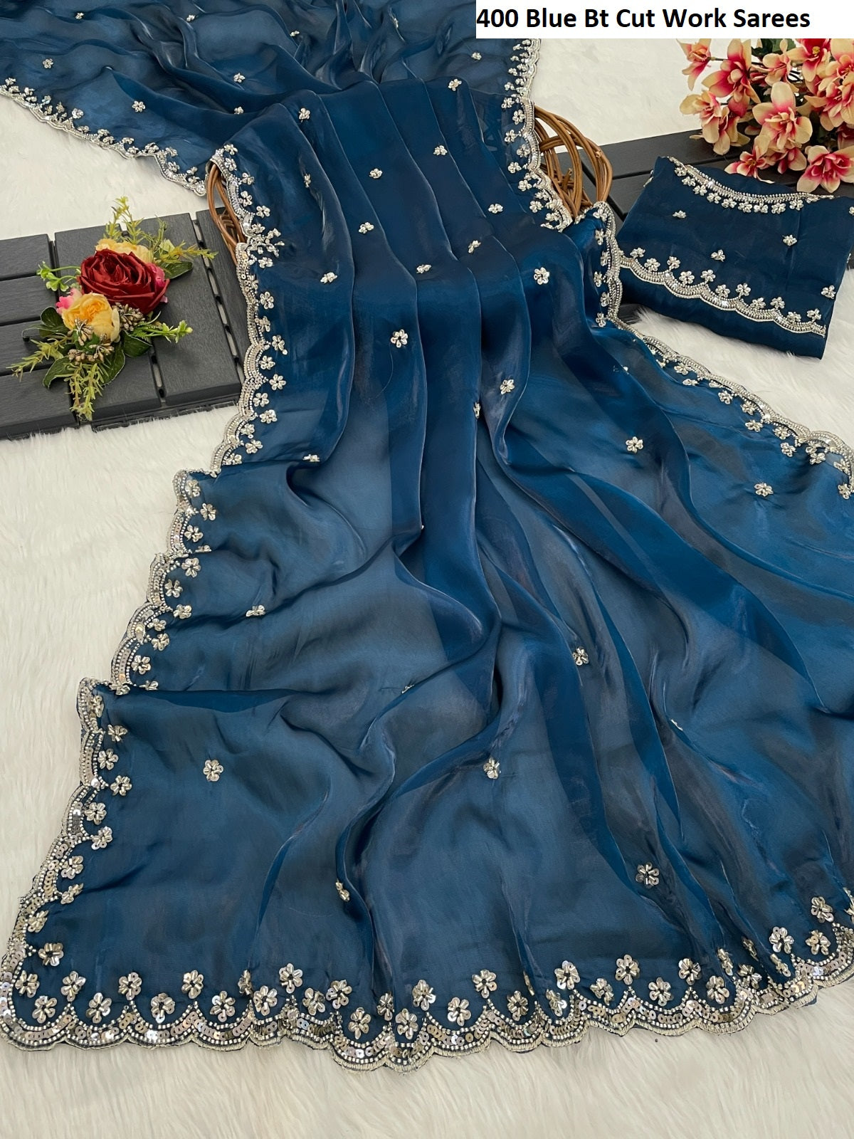 400 Blue Bt Cut Work Sarees