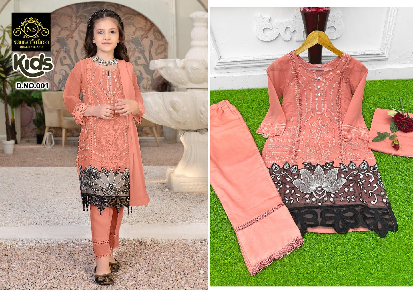 Ns-001 Peach Nishbat Studio Girls Pakistani Readymade Suit