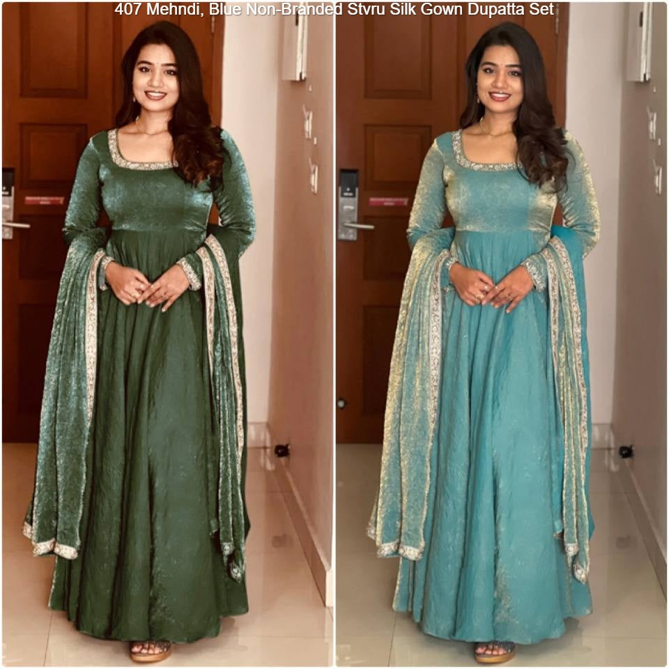 407 Mehndi, Blue Non-Branded Stvru Silk Gown Dupatta Set