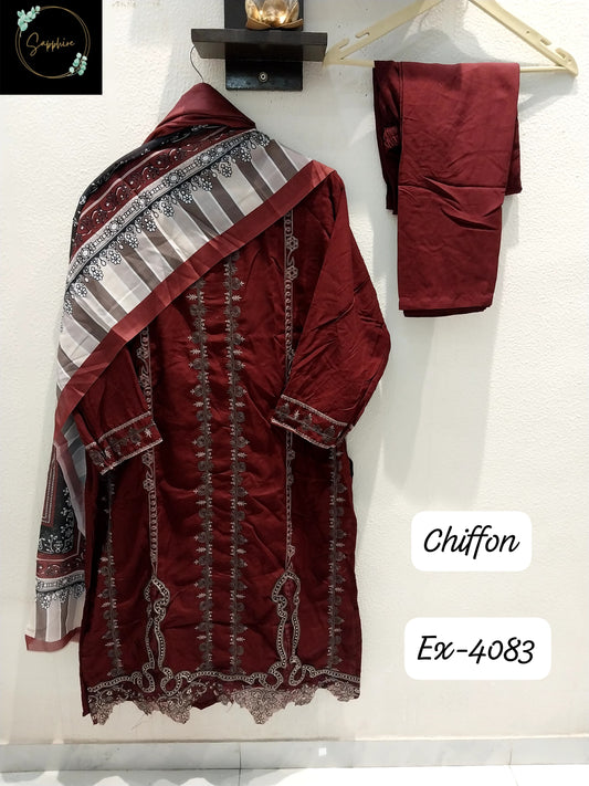 4083 Maroon Sapphire Patches Pakistani Readymade Suits