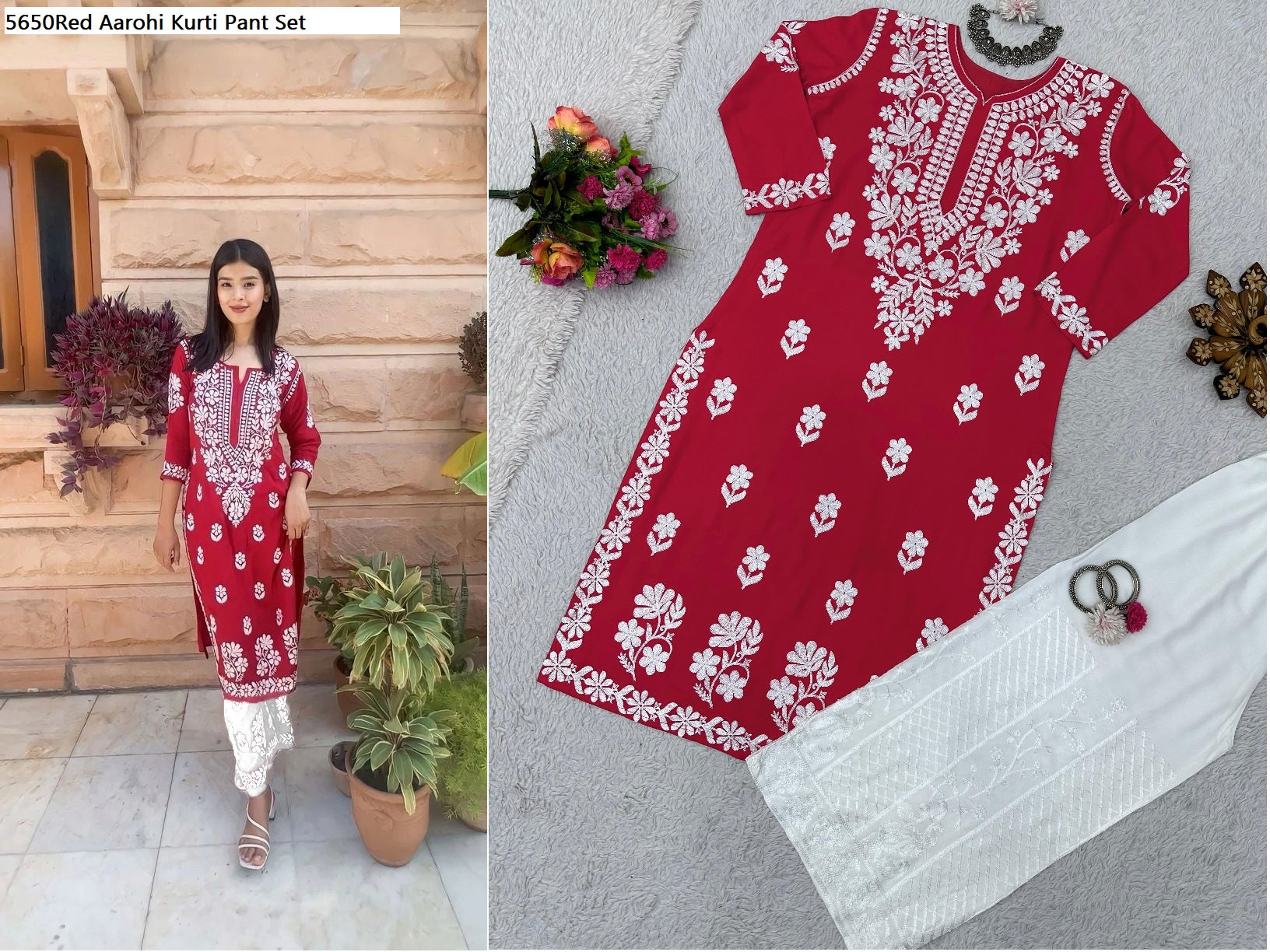 5650Red Aarohi Kurti Pant Set