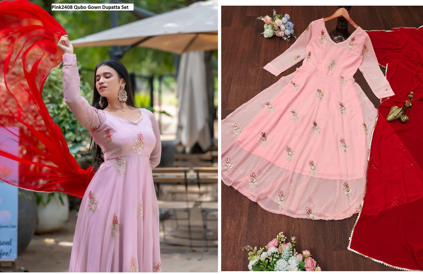 Pink2408 Qubo Gown Dupatta Set