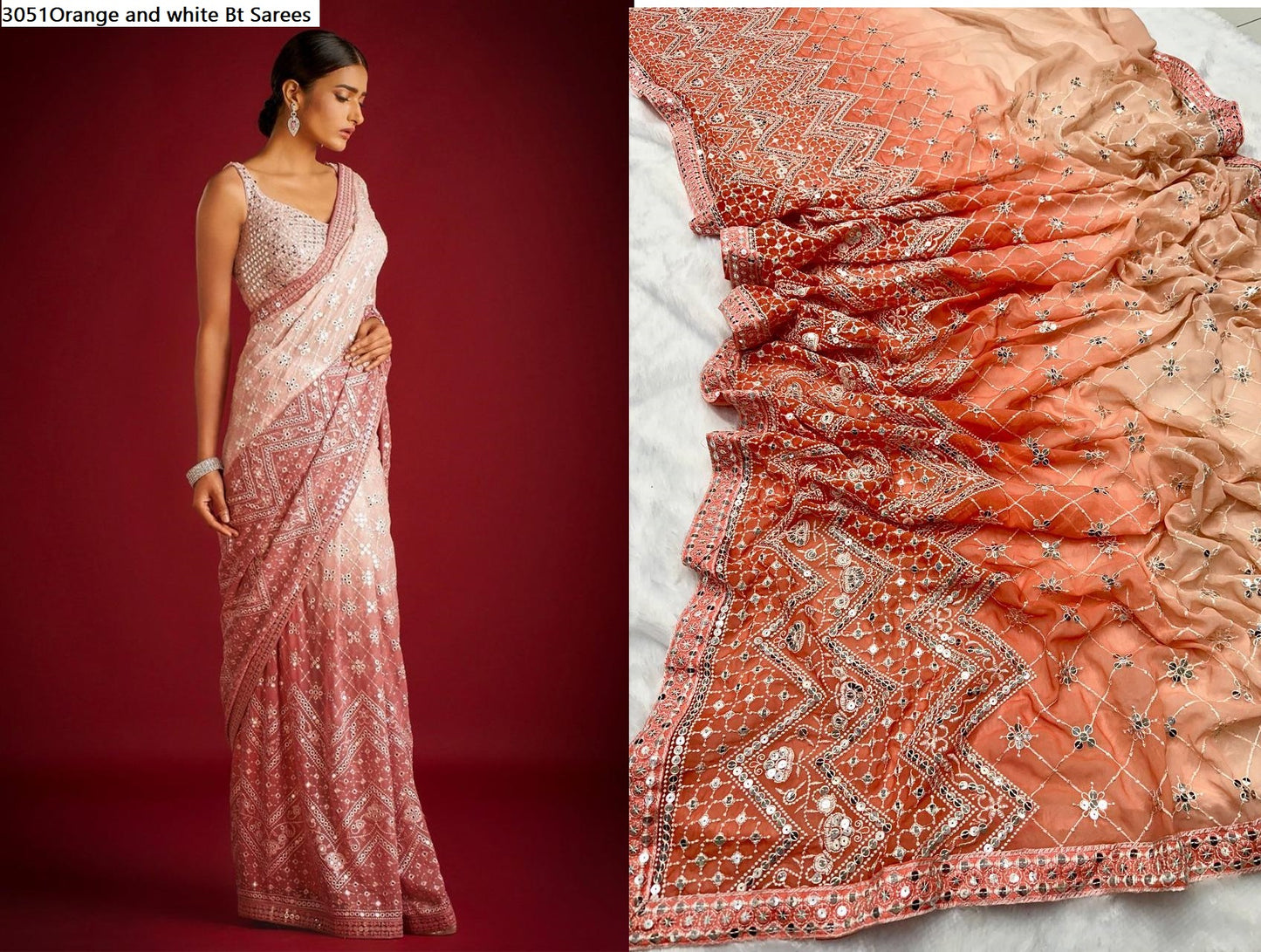 3051Orange And White Bt Sarees