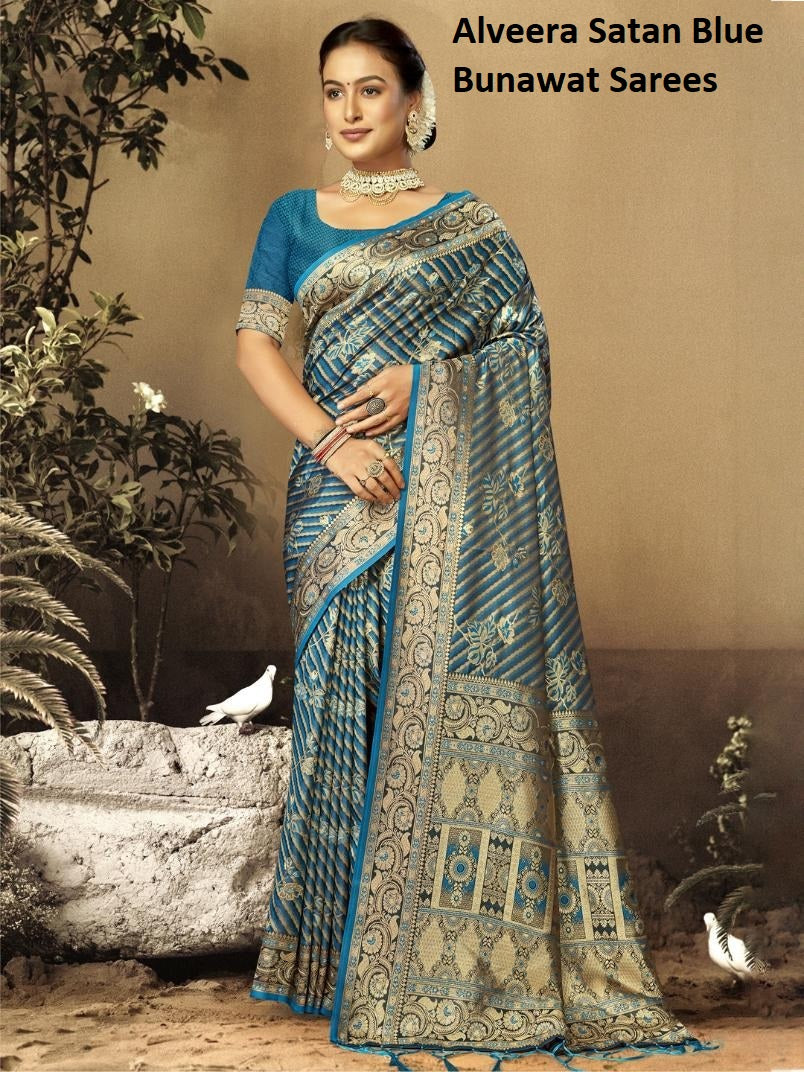 Alveera Satan Blue Bunawat Sarees
