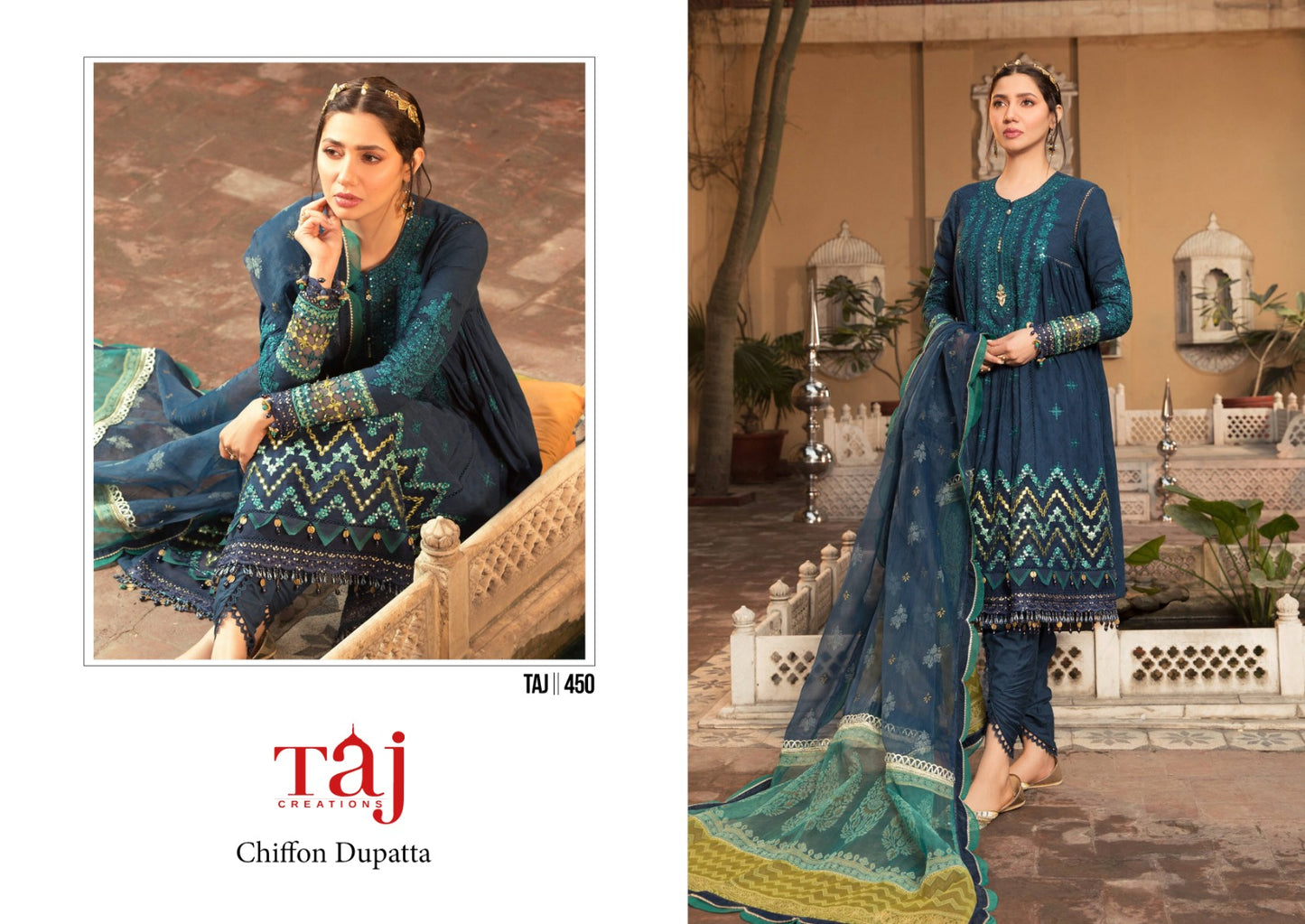 450 Navy Blue Taj Creations Printed Pakistani Patch Suits