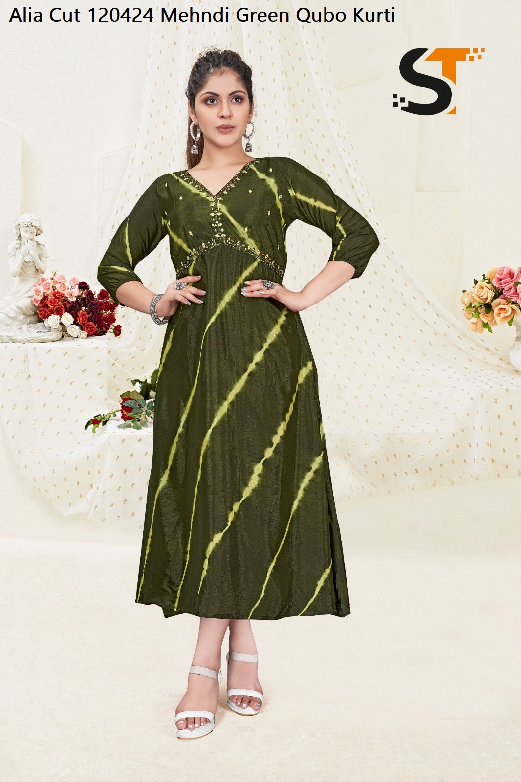 Alia Cut 120424 Mehndi Green Qubo Kurti