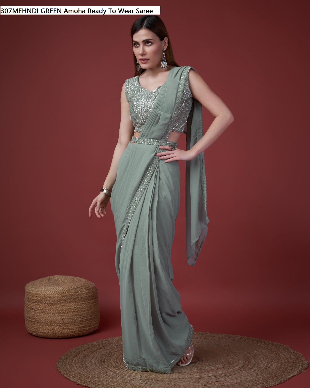 307Mehndi Green Amoha Ready To Wear Saree