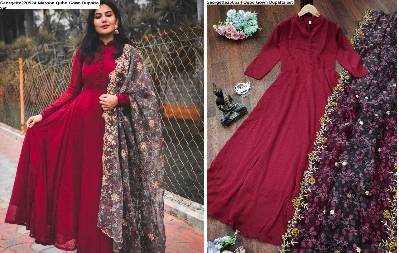 Georgette270524 Maroon Qubo Gown Dupatta Set