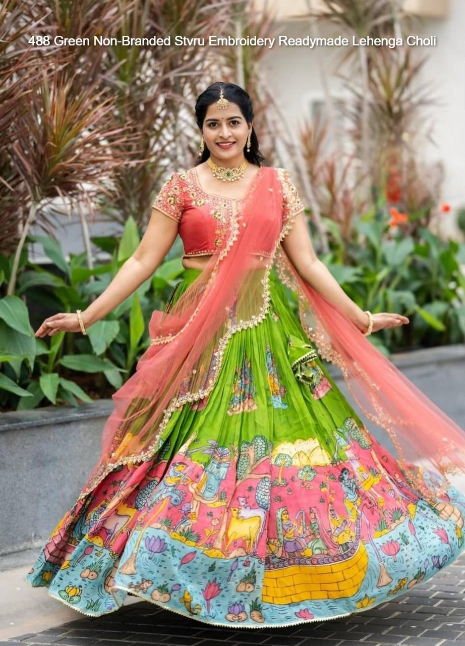 488 Green Non-Branded Stvru Embroidery Readymade Lehenga Choli