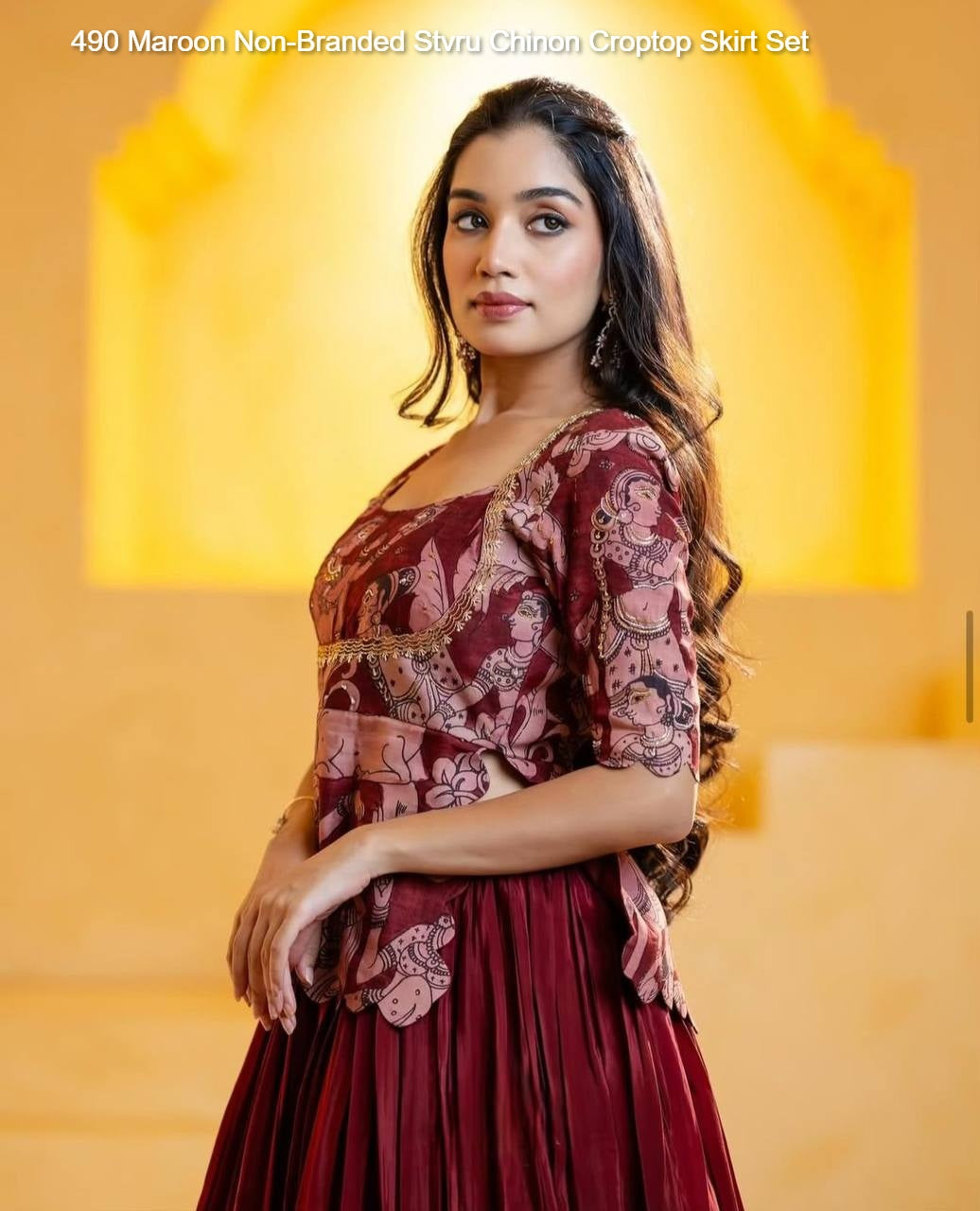 490 Maroon Non-Branded Stvru Chinon Croptop Skirt Set