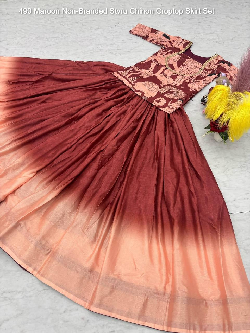 490 Maroon Non-Branded Stvru Chinon Croptop Skirt Set