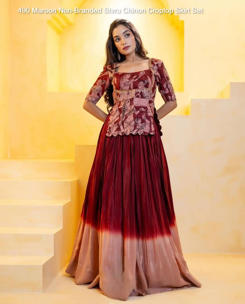 490 Maroon Non-Branded Stvru Chinon Croptop Skirt Set