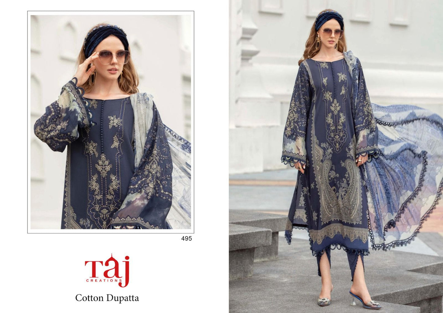 495 Taj Creations Printed Pakistani Patch Suits