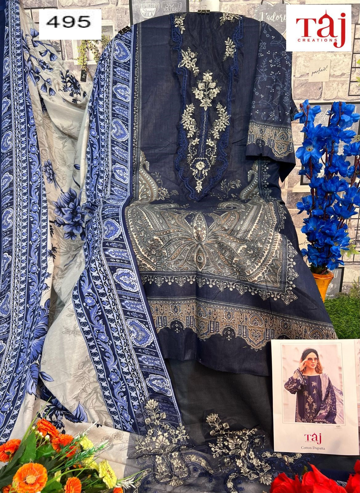 495 Taj Creations Printed Pakistani Patch Suits