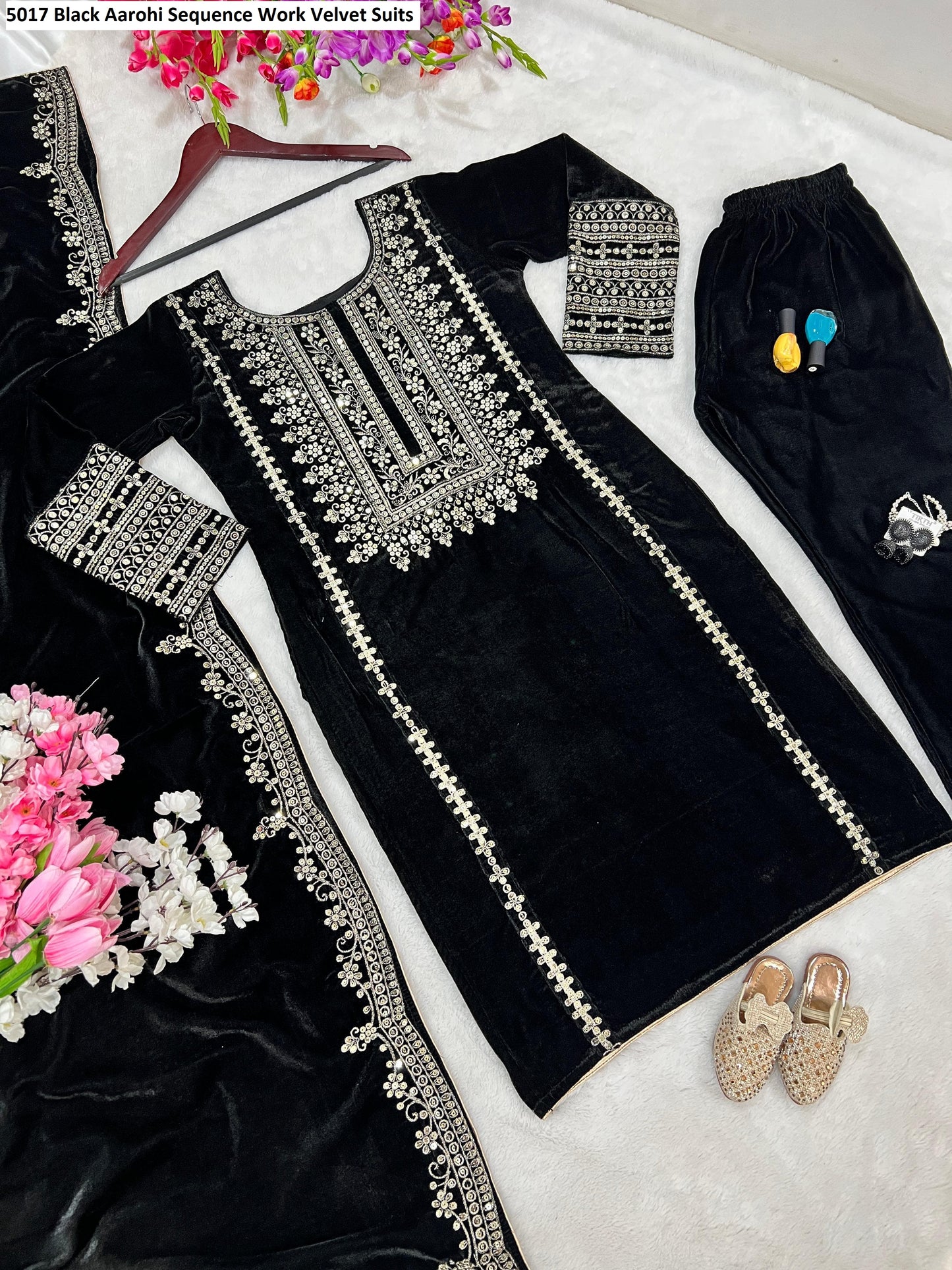 5017 Black Aarohi Sequence Work Velvet Suits