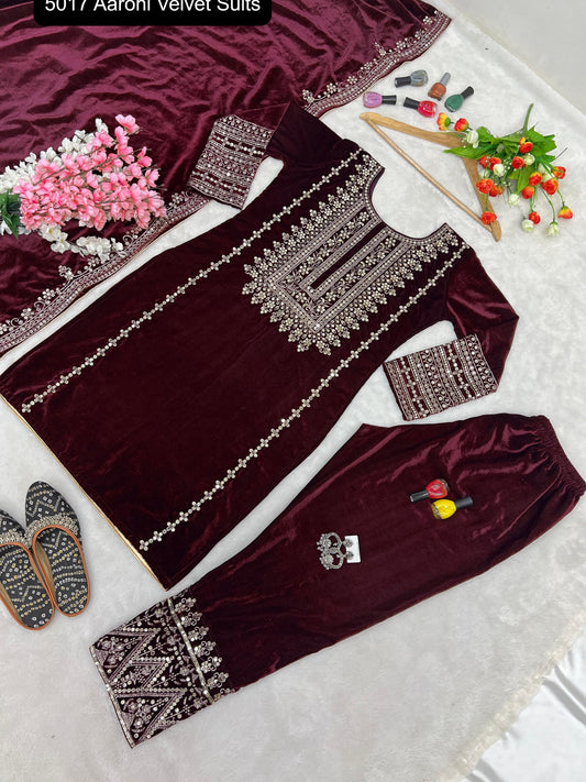 5017 Maroon Aarohi Embroidery Velvet Suits