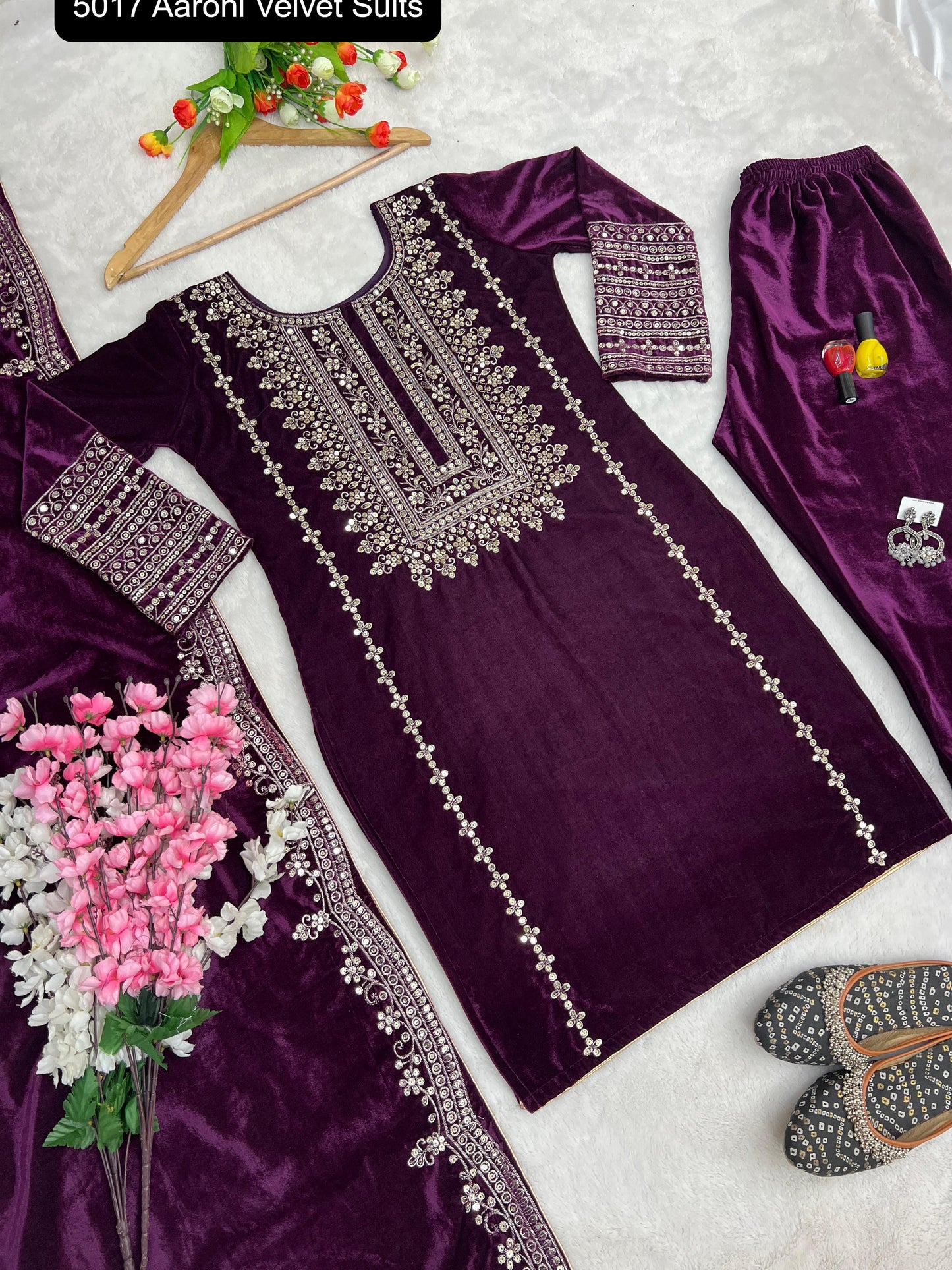 5017 Wine Aarohi Embroidery Velvet Suits