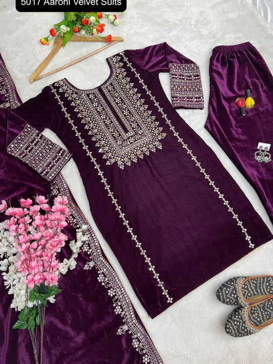 5017 Wine Aarohi Embroidery Velvet Suits