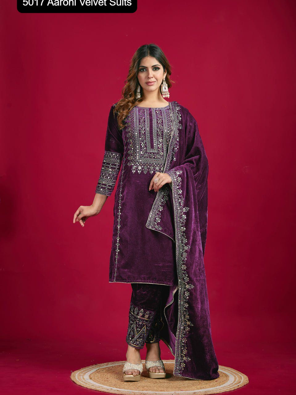 5017 Wine Aarohi Embroidery Velvet Suits