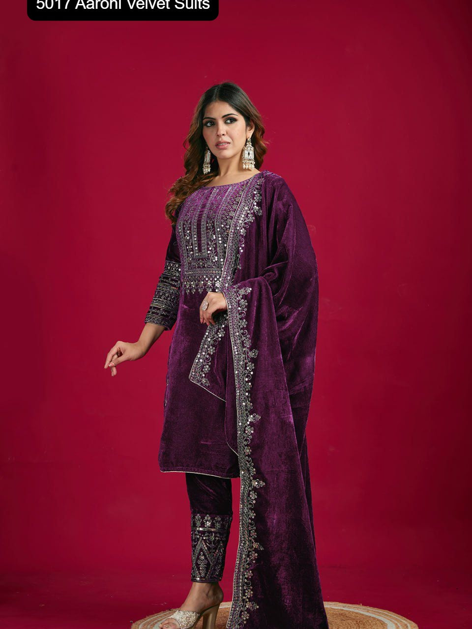 5017 Wine Aarohi Embroidery Velvet Suits