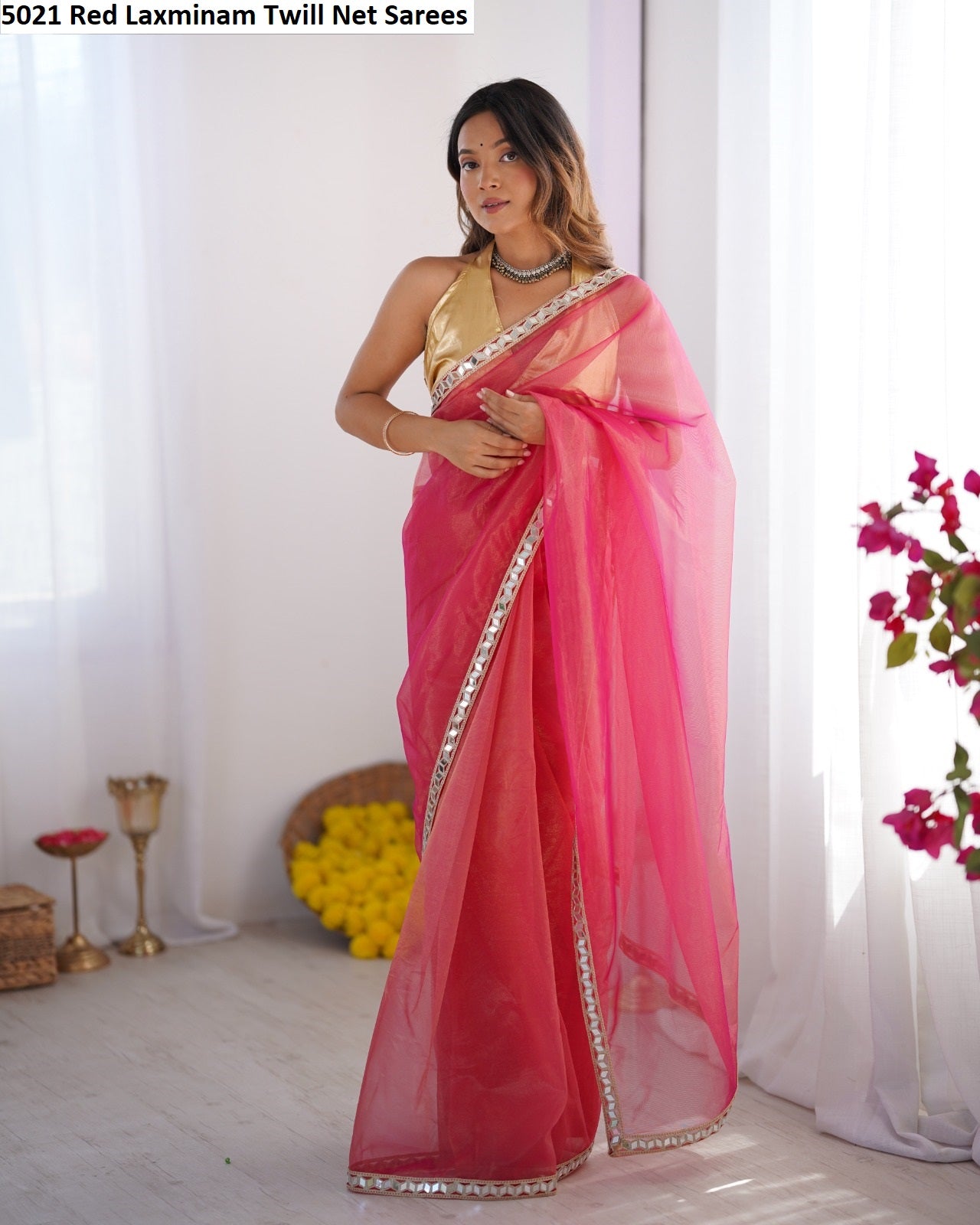 5021 Red Laxminam Twill Net Sarees