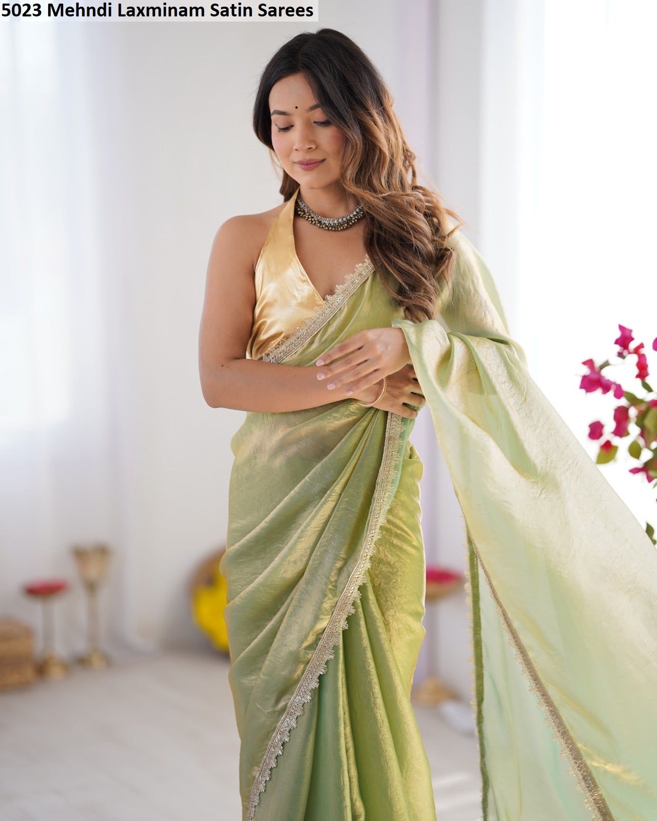 5023 Mehndi Laxminam Satin Sarees