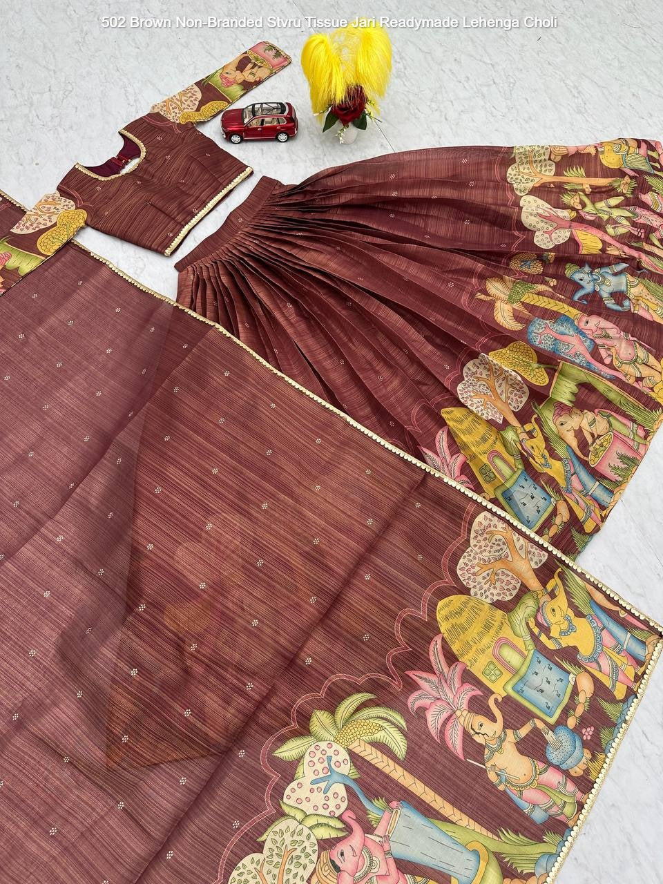 502 Brown Non-Branded Stvru Tissue Jari Readymade Lehenga Choli